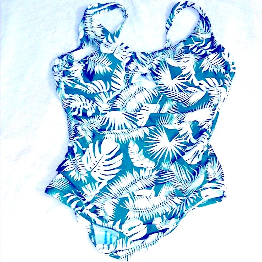 Shade & Shore Tropical Green & white floral leaves Swimsuit one piece~18